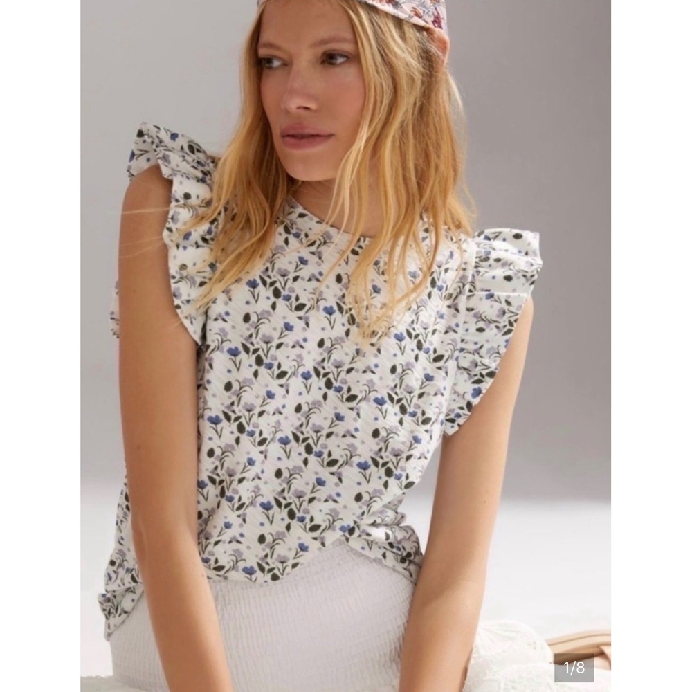 Nation LTD Paulette Tank Large Floral Pima Cotton Ruffle Sleeve Boho Women Peru